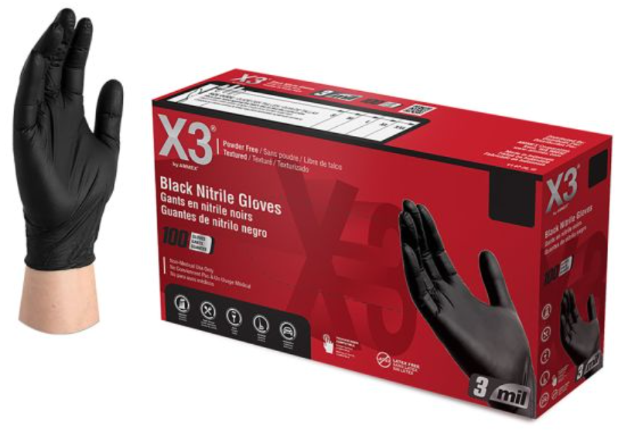DISPOSABLE GLOVES, LARGE, BLACK, NITRILE, POWDER-FREE, X3, 100/BOX LARGE